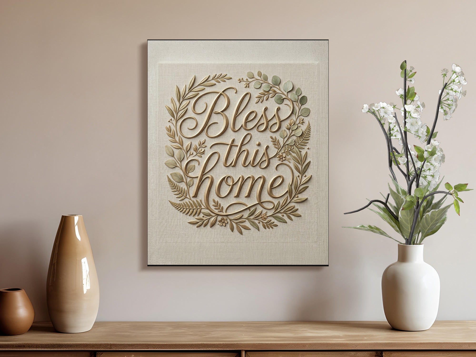 Text art featuring "Bless this Home" in cursive, surrounded by a wreath of leaves.