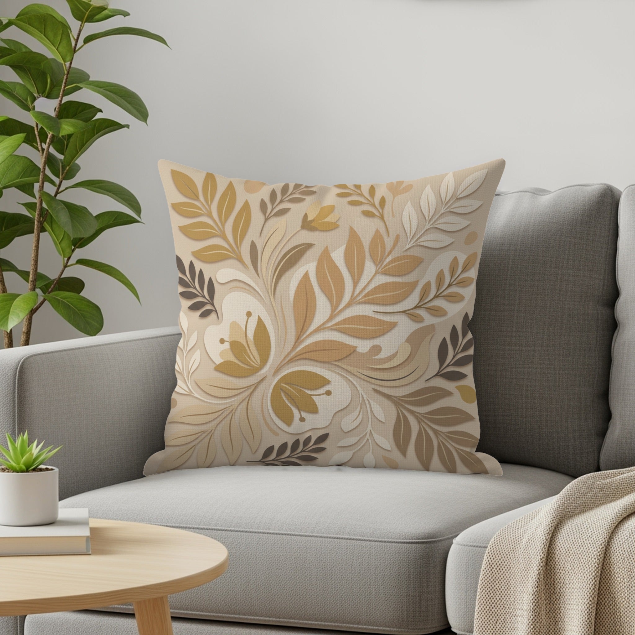 Throw pillow with neutral floral pattern on a gray sofa.