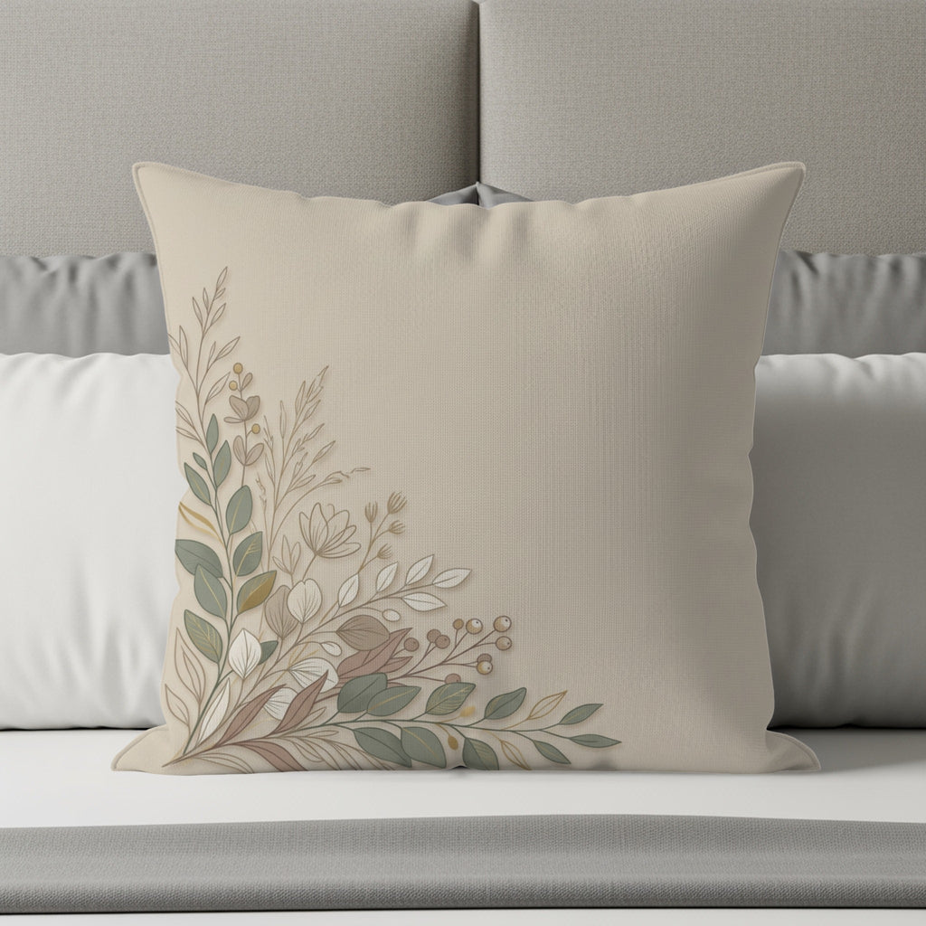 Beige pillow with subtle floral and leaf design in earthy tones.