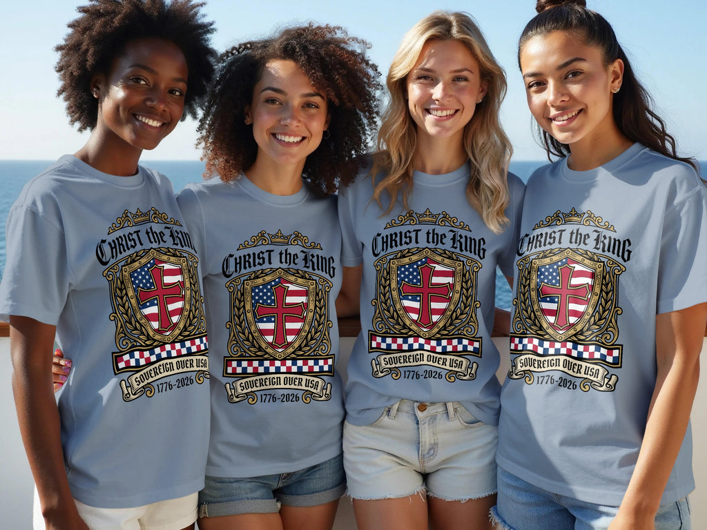 Four women wear gray t-shirts with a shield design and "Christ the King" text.