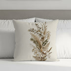 Neutral textured pillow with dried botanical floral arrangement design.
