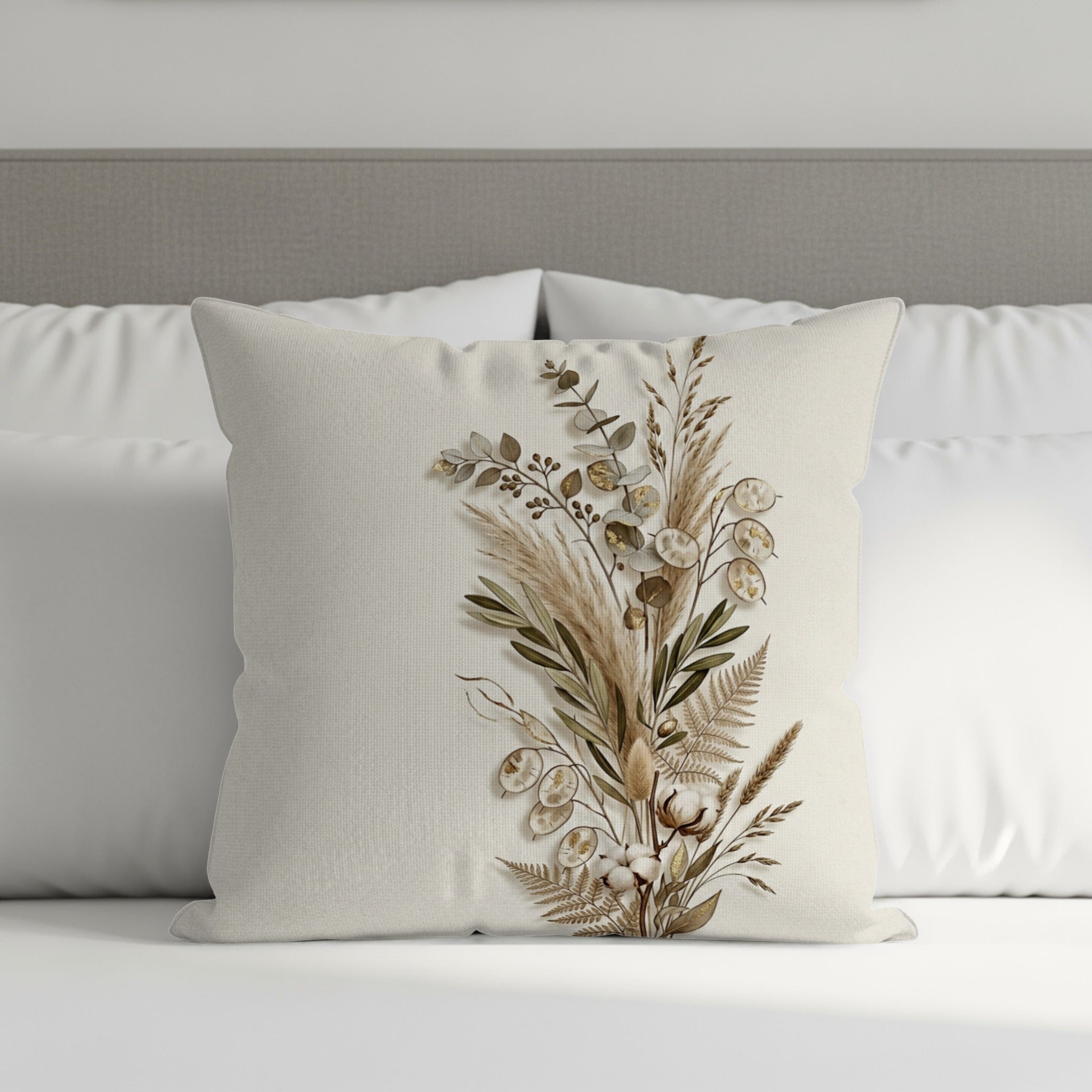 Neutral textured pillow with dried botanical floral arrangement design.