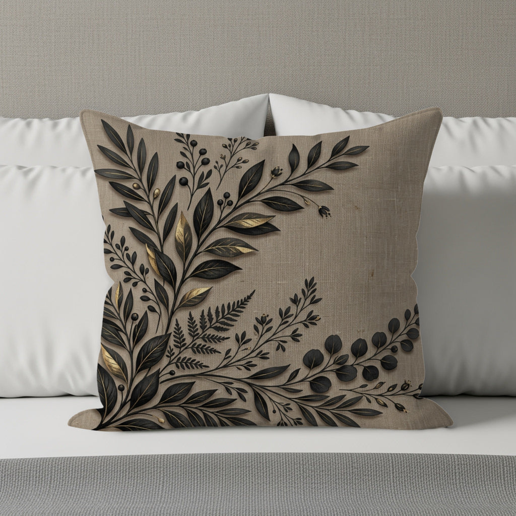Tan throw pillow with dark botanical embroidery in corner on a bed.