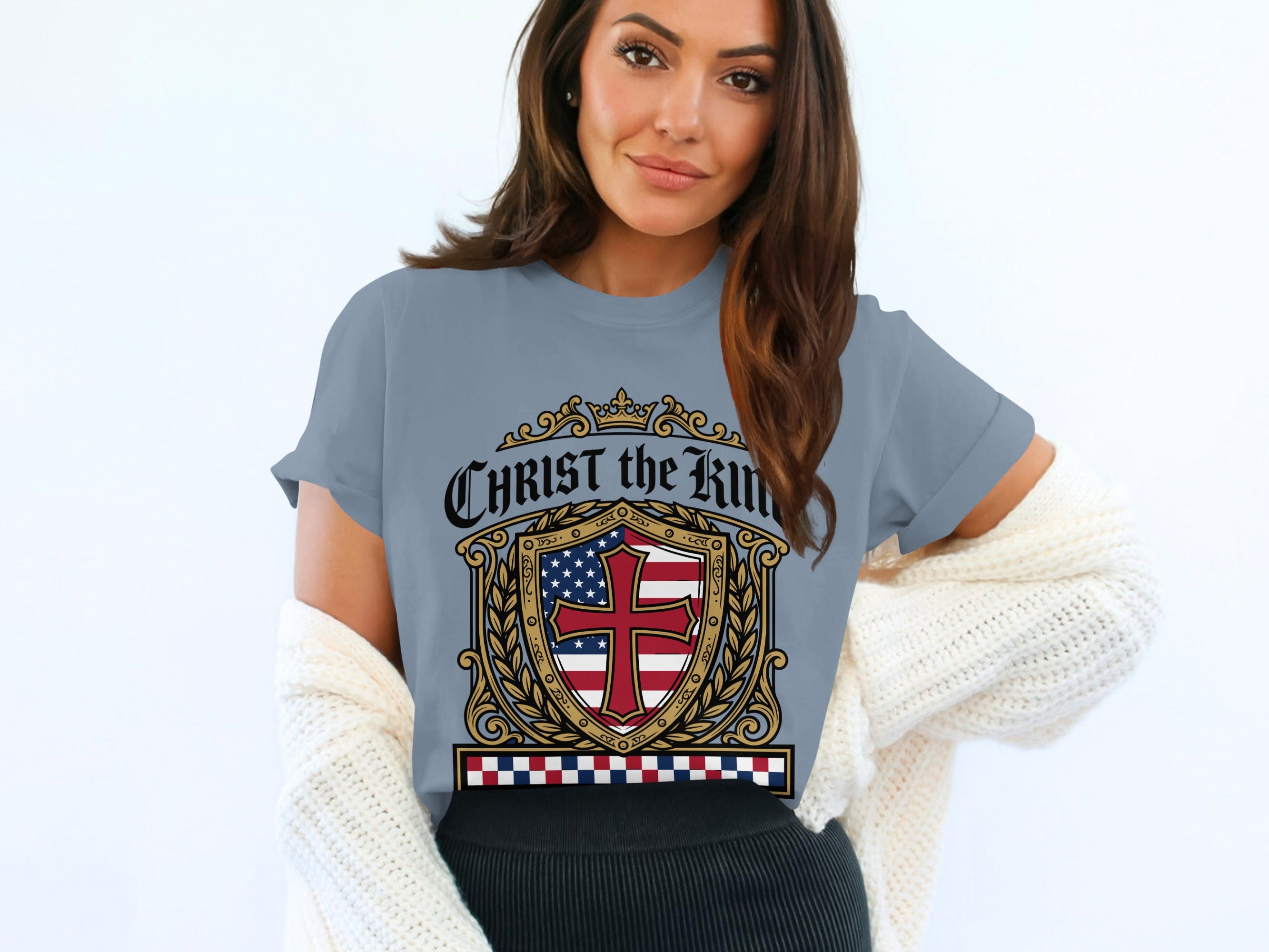 Grey t-shirt with a red, white, and blue shield and crown design.