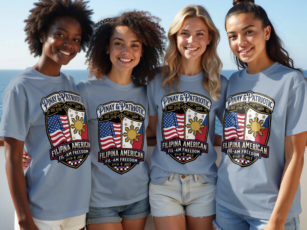 Four smiling women in matching patriotic Filipina American t-shirts.