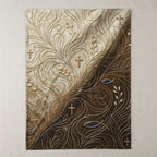 Tapestry with swirling brown and cream patterns and Christian crosses.