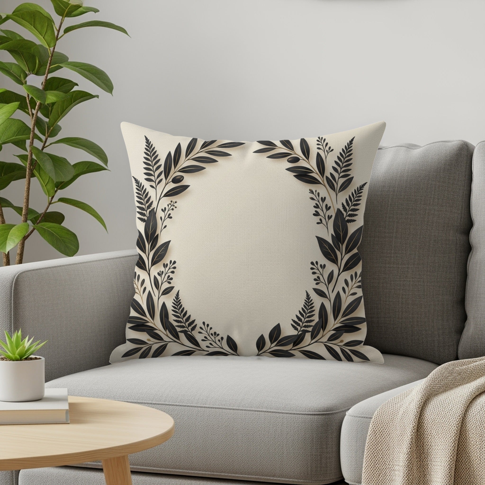 Cream throw pillow with black floral border design.