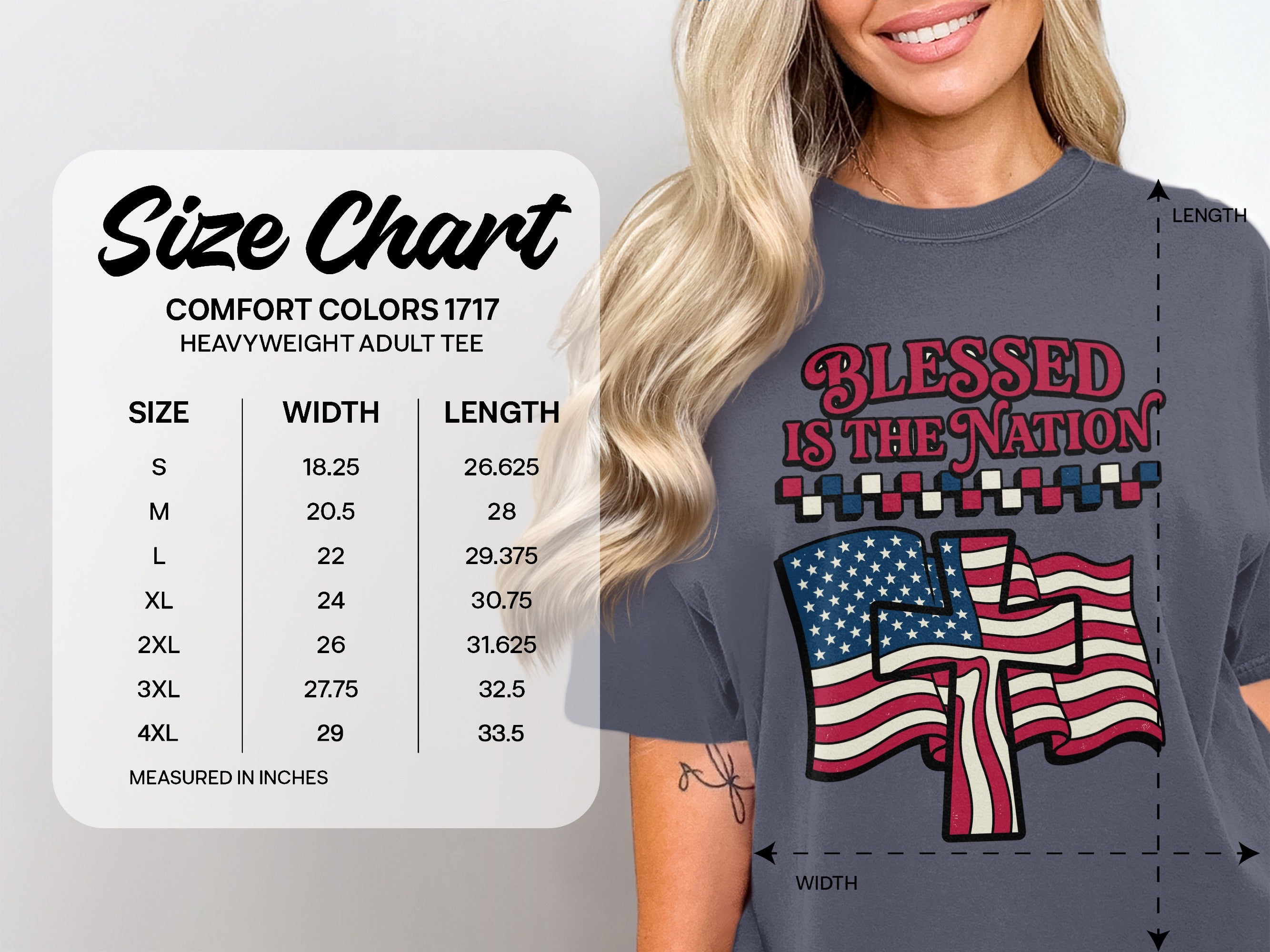 Size chart for Comfort Colors 1717 heavyweight adult tee with measurements.