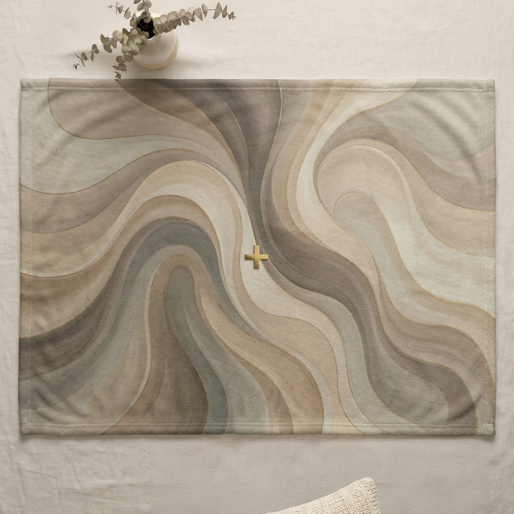 Abstract swirling pattern with gold cross on a placemat.