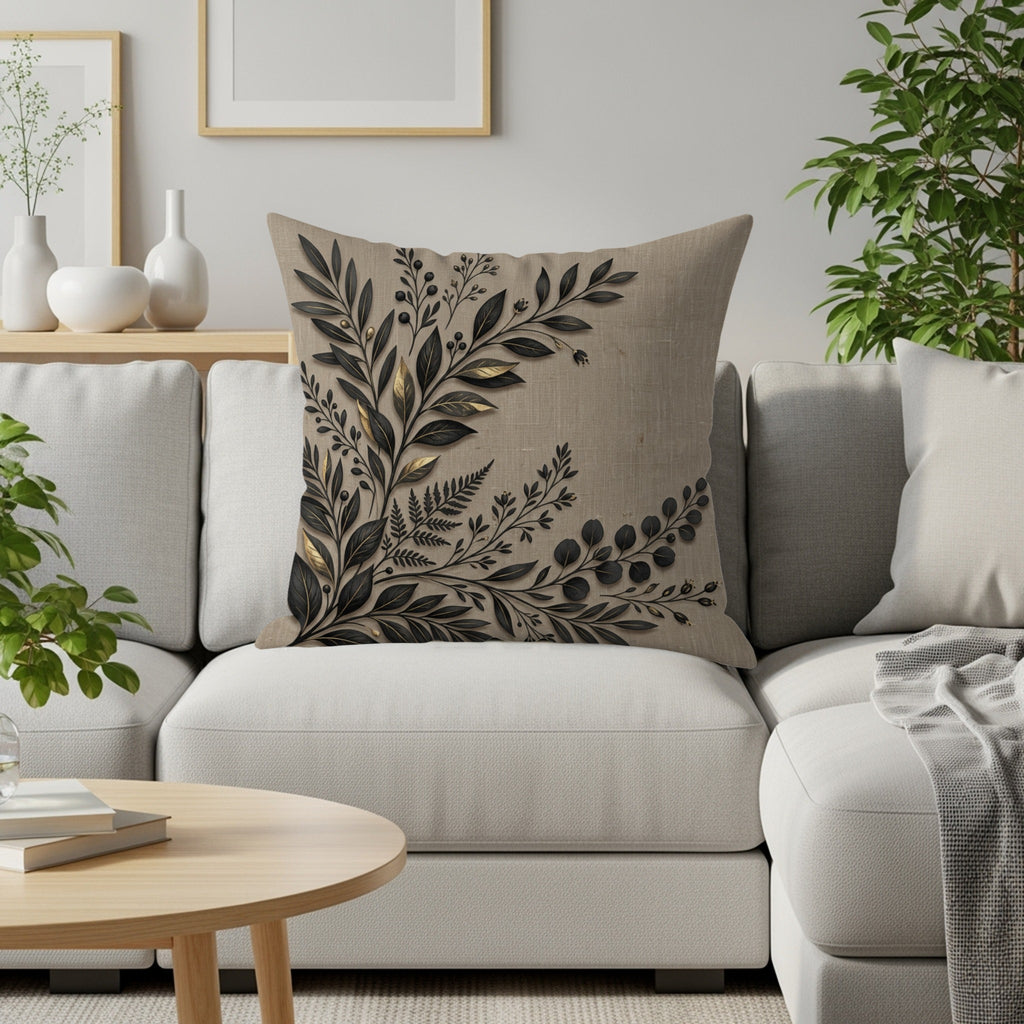 Tan throw pillow with a dark botanical design on a sofa.