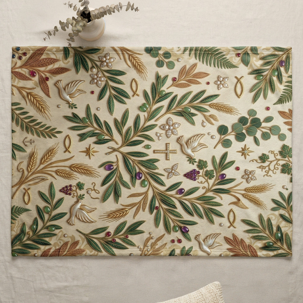 Tablecloth with olive branches, birds, crosses, and grapes.
