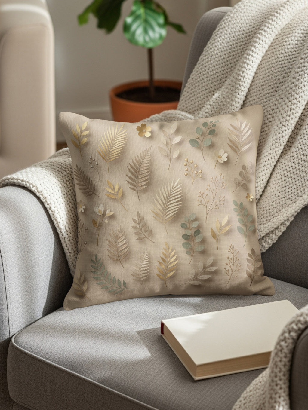 Beige throw pillow with delicate gold and green leaf pattern on armchair.
