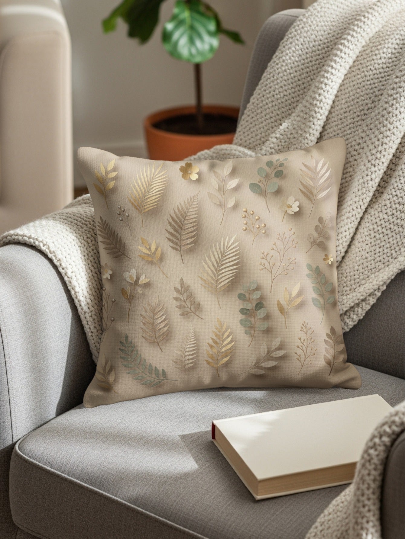 Beige throw pillow with delicate gold and green leaf pattern on armchair.