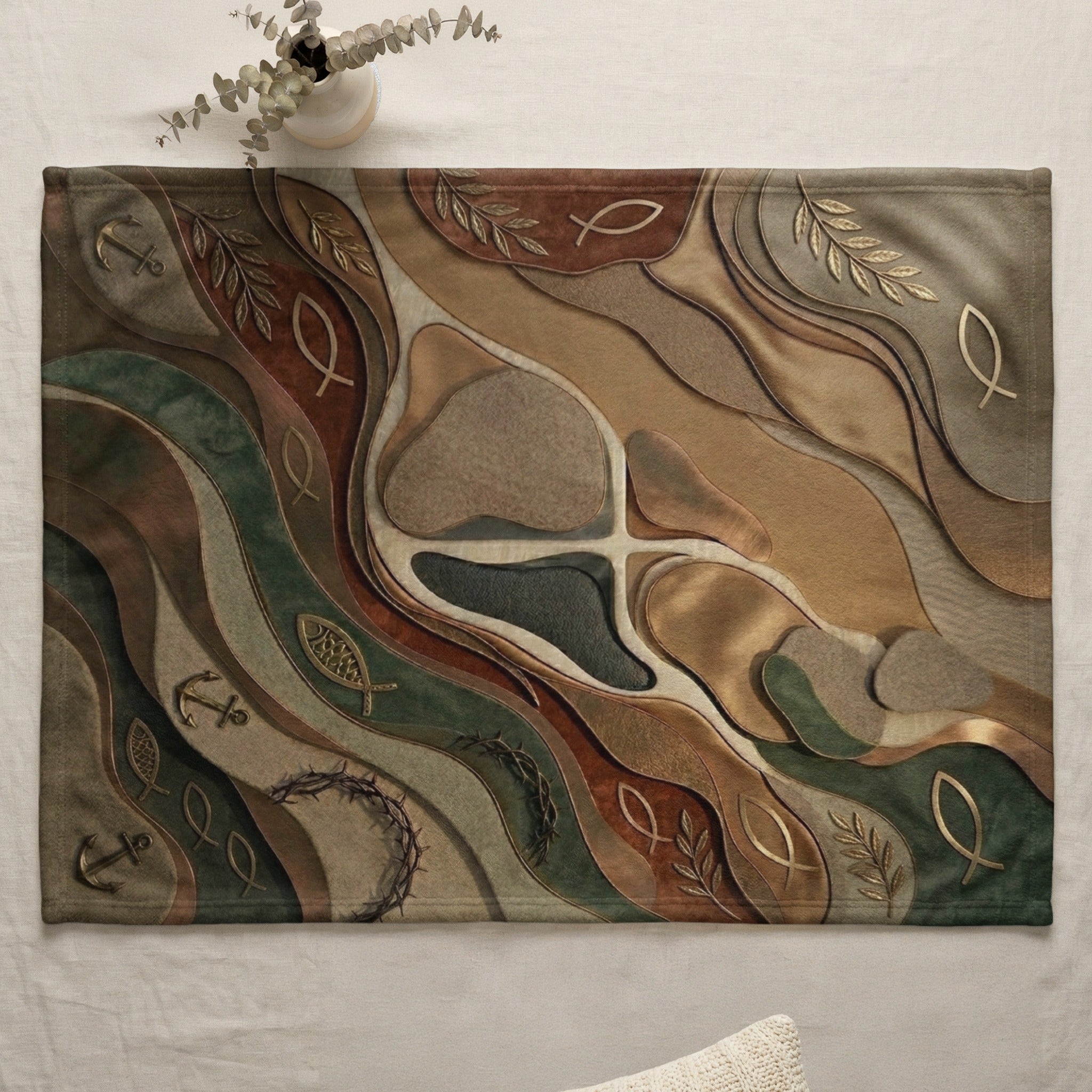 Abstract landscape placemat with Christian symbols: anchors, fish, crown of thorns.