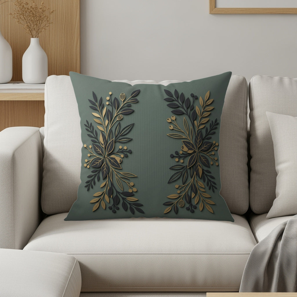 Dark green throw pillow with gold and dark green floral embellishments.