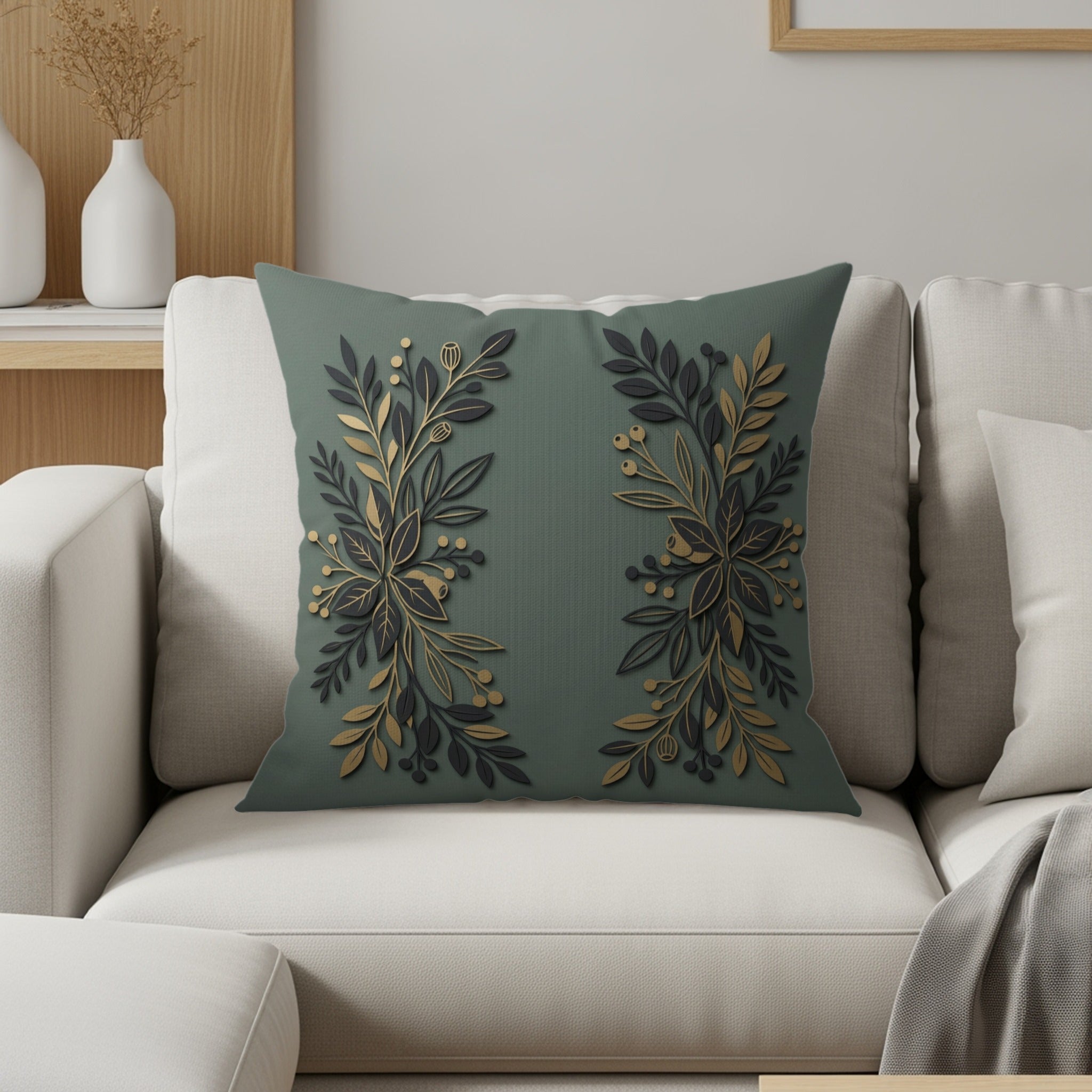 Dark green throw pillow with gold and dark green floral embellishments.