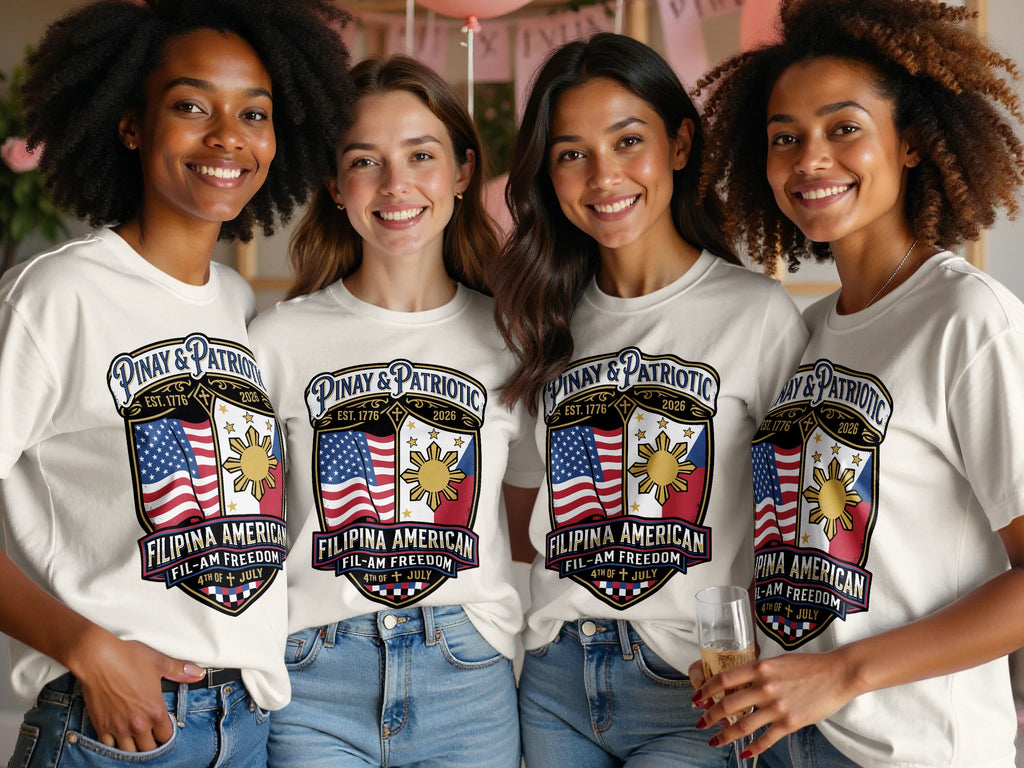 Four smiling women wear matching "Filipina American Fil-Am Freedom" t-shirts.