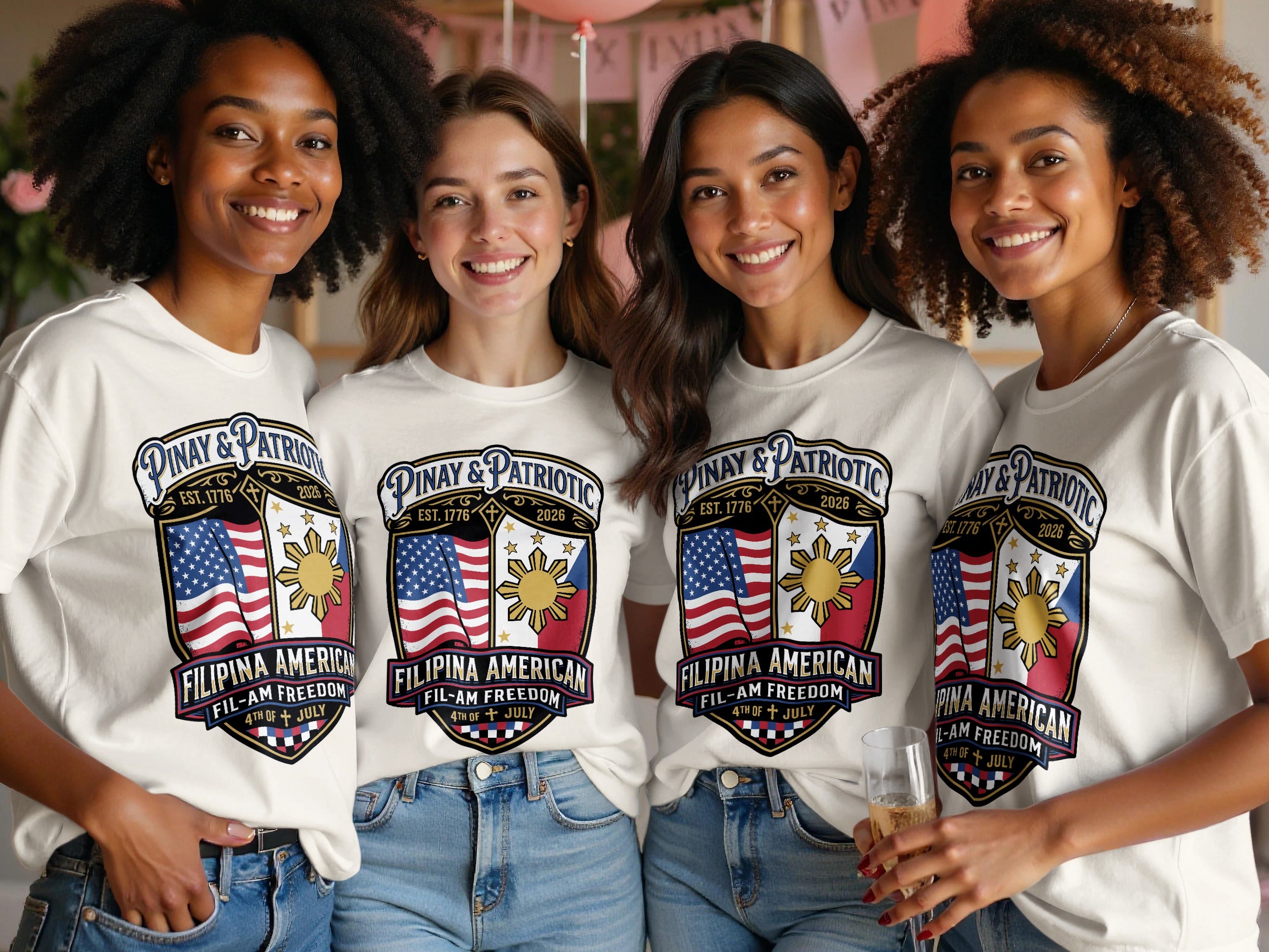 Four smiling women wear matching "Filipina American Fil-Am Freedom" t-shirts.