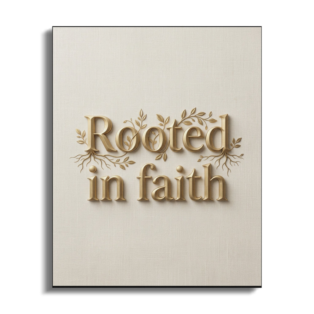 "Rooted in faith" text with golden leaves and branches on a textured background.
