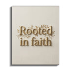 "Rooted in faith" text with golden leaves and branches on a textured background.