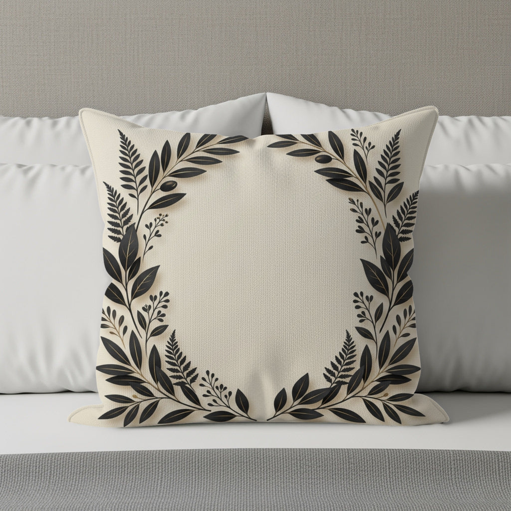 Cream square pillow with a black floral wreath design on a bed.