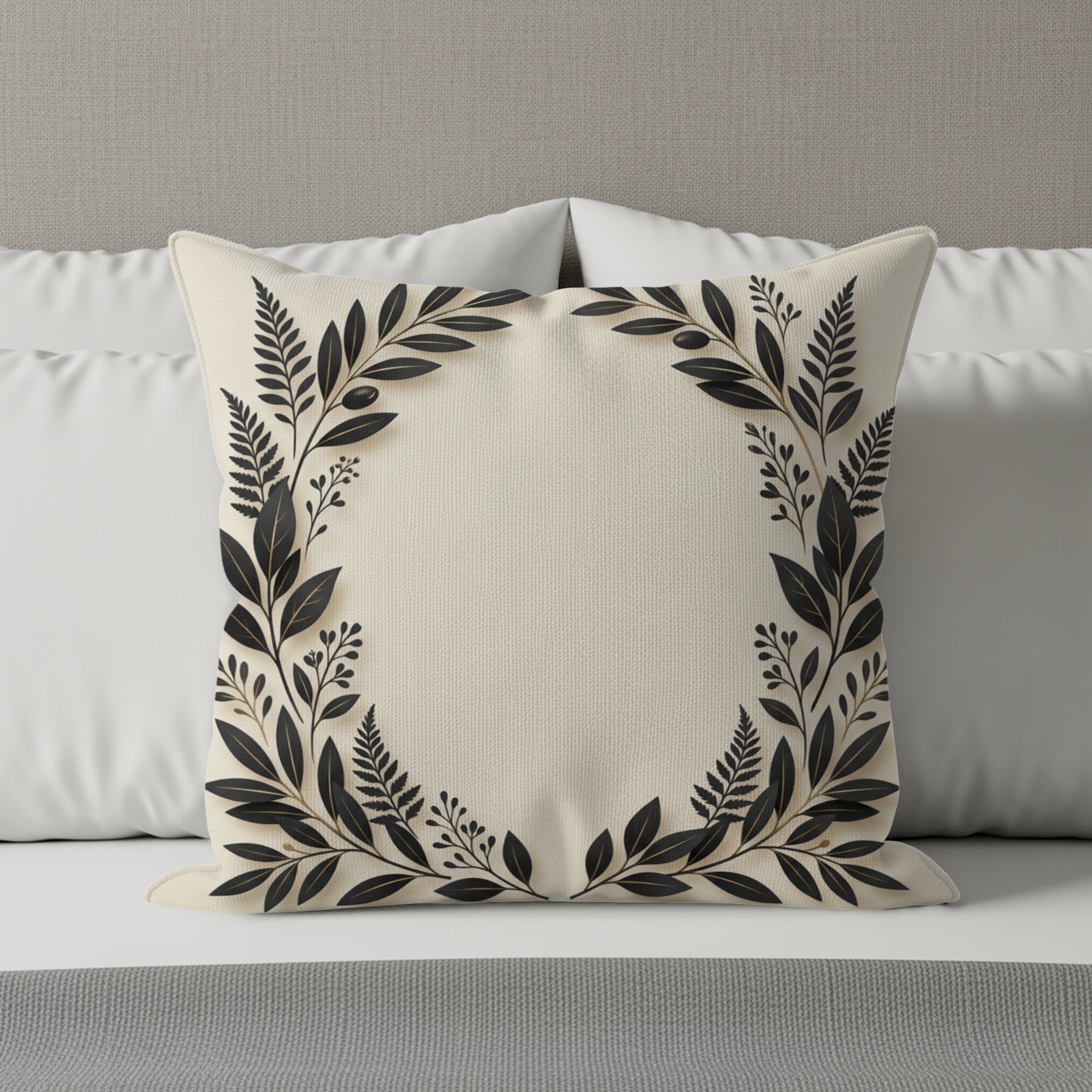 Cream square pillow with a black floral wreath design on a bed.