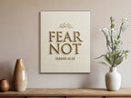 Canvas wall art with "FEAR NOT" and "ISAIAH 41:10" text.