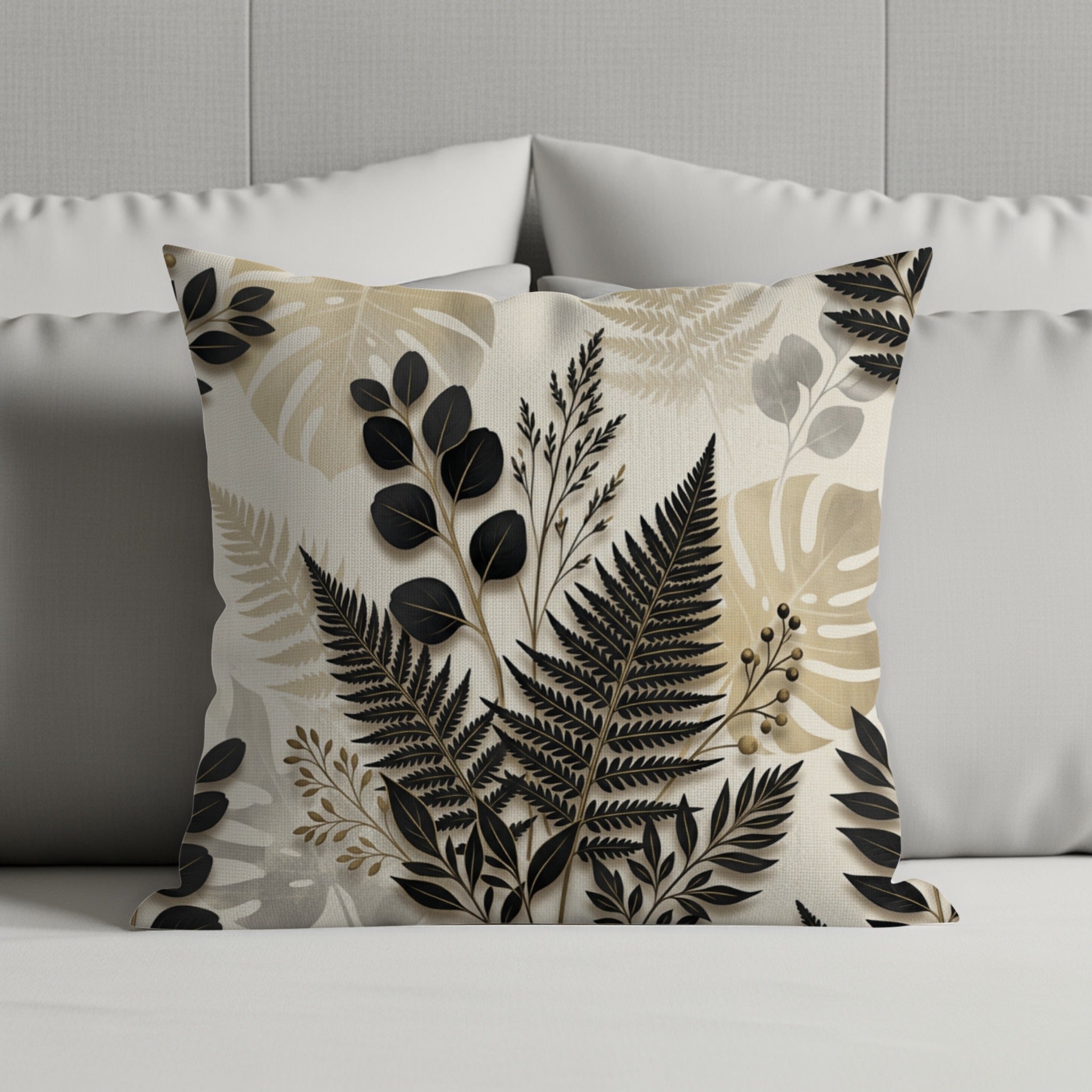 Throw pillow with a botanical print featuring ferns and eucalyptus leaves.