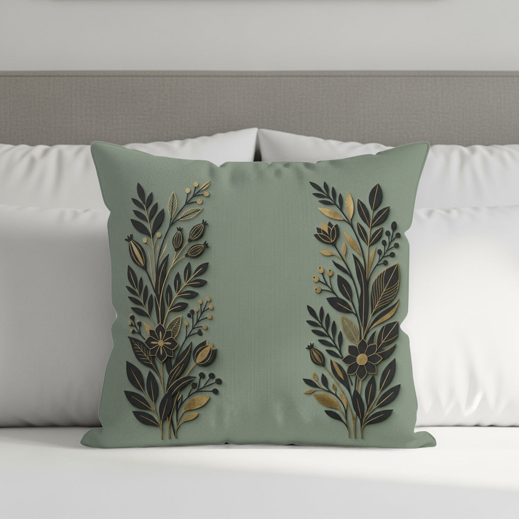 Sage green decorative pillow with ornate gold floral designs.