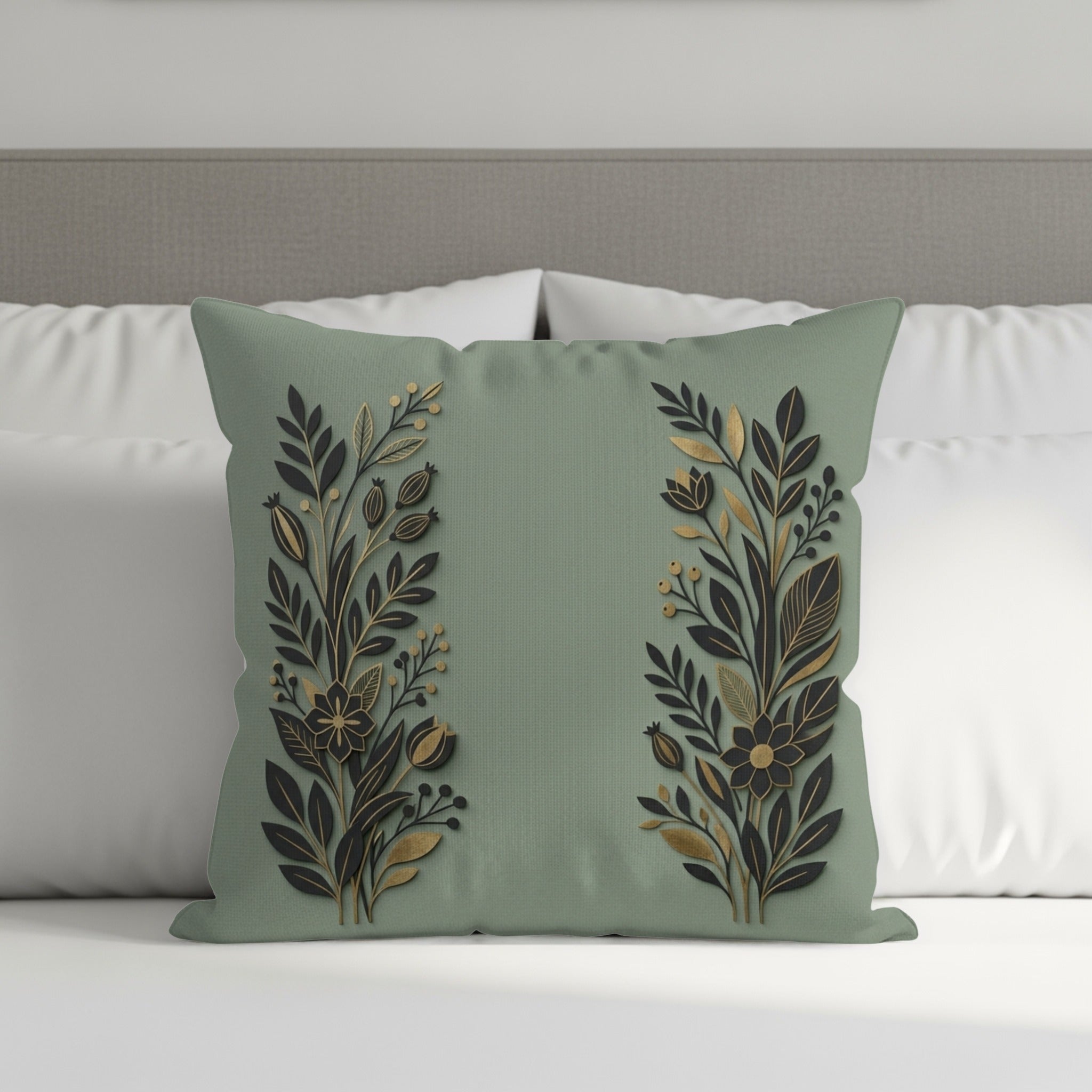 Sage green decorative pillow with ornate gold floral designs.