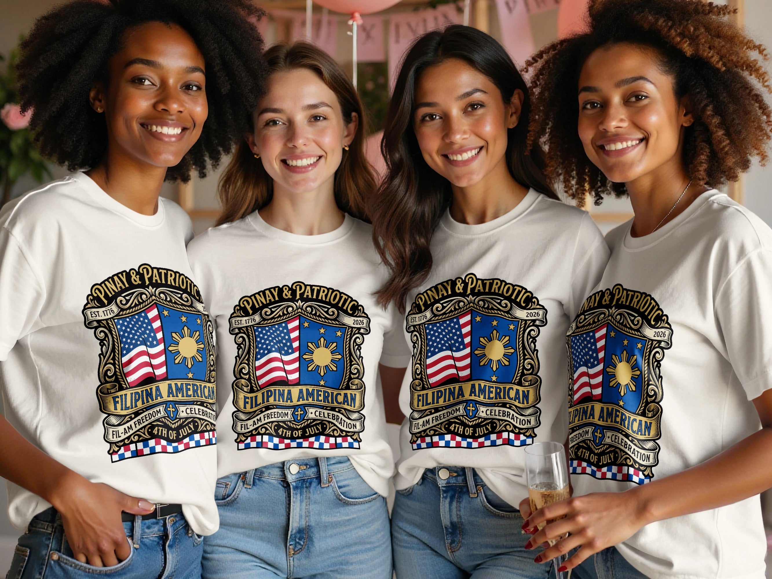 Four smiling women wear "Pinay & Patriotic Filipina American" t-shirts celebrating July 4th.