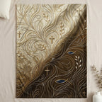 Brown and beige blanket with ornate scrollwork, crosses, and fish symbols.