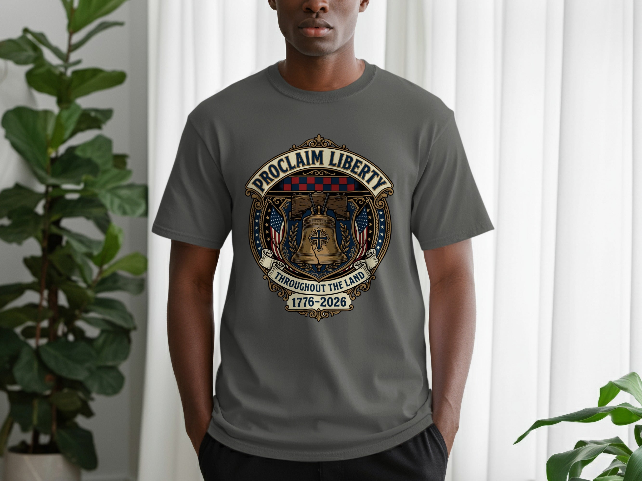 Gray t-shirt with Proclaim Liberty design, featuring the Liberty Bell.