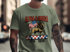 Lion wearing a crown holding American flag on checkered platform with text.
