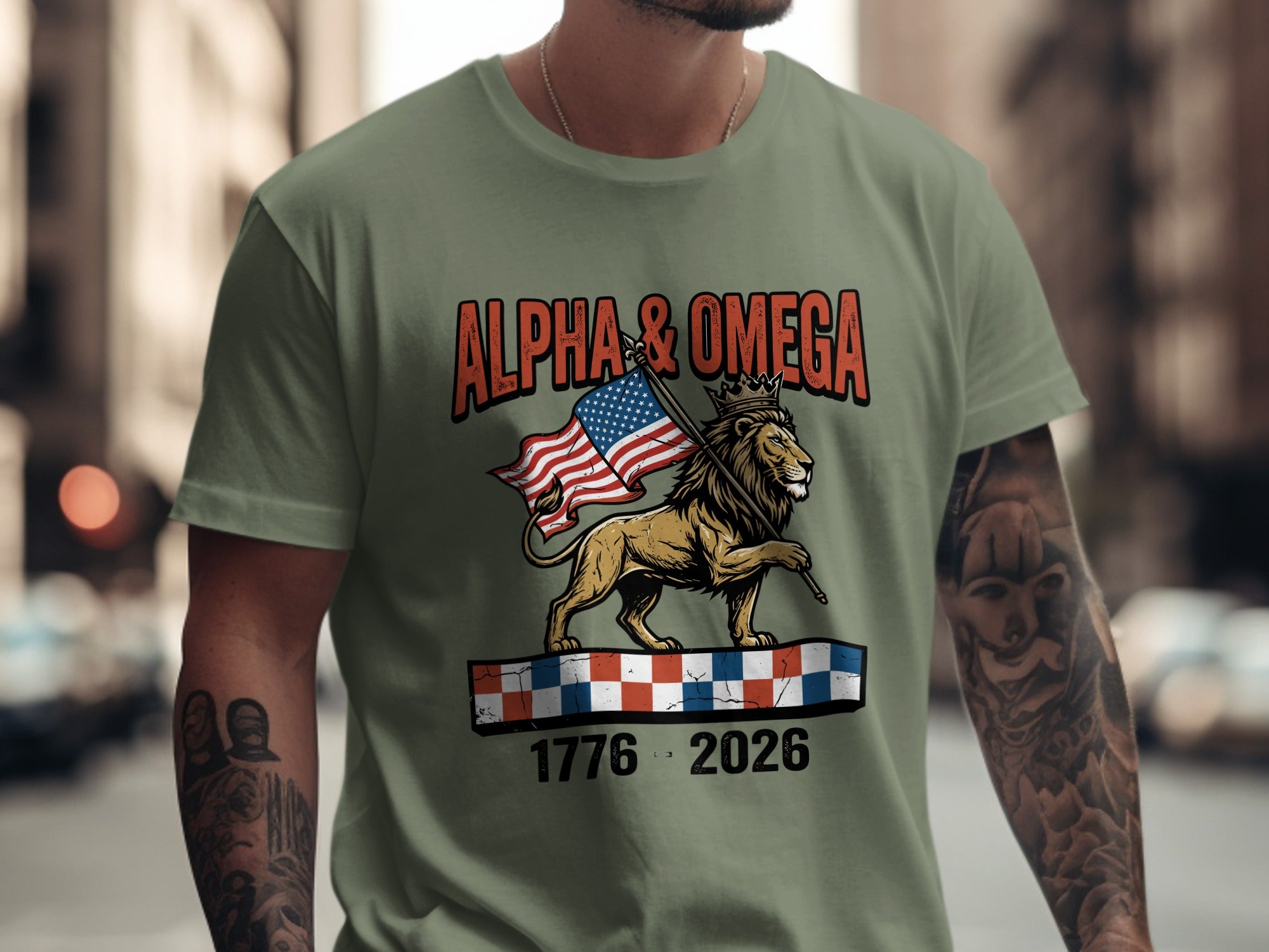Lion wearing a crown holding American flag on checkered platform with text.
