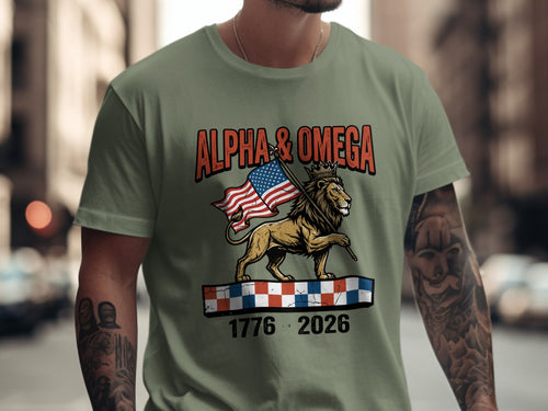 Lion wearing a crown holding American flag on checkered platform with text.