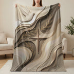 Dove and cross blanket with layered wavy abstract design and gold leaf accents.