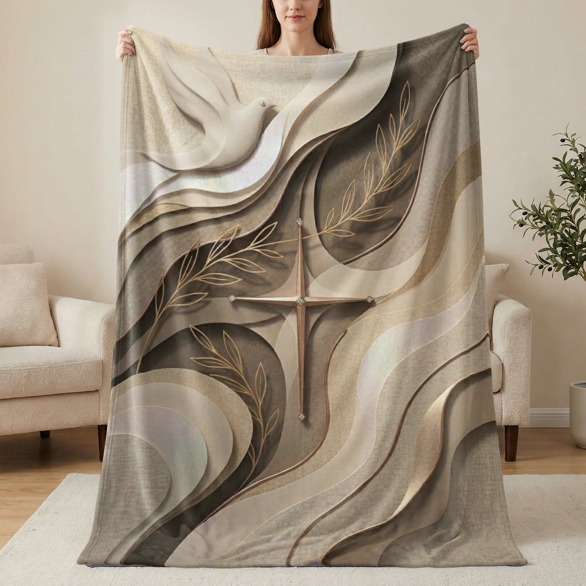 Dove and cross blanket with layered wavy abstract design and gold leaf accents.