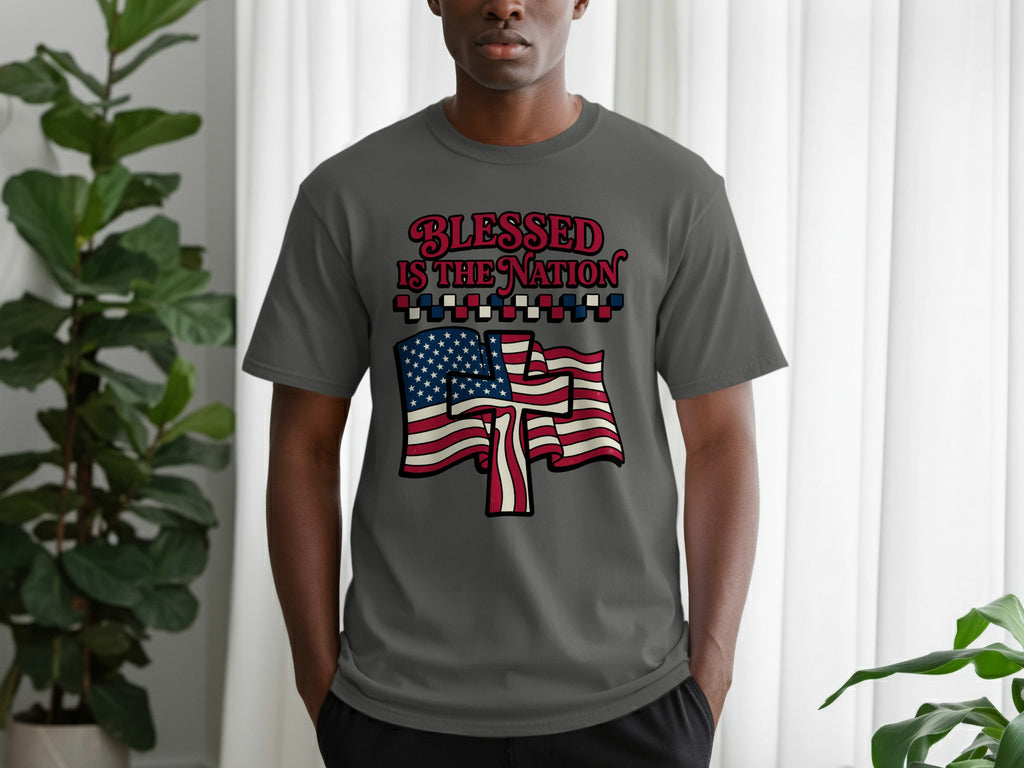 Gray t-shirt with "Blessed is the Nation" and American flag design.