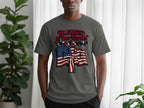 Gray t-shirt with "Blessed is the Nation" and American flag design.