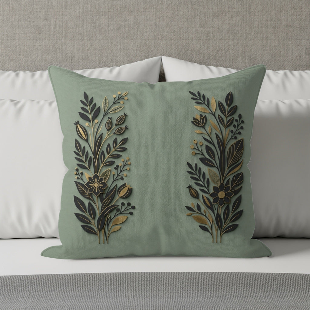 Sage green throw pillow with gold and black floral design on a bed.