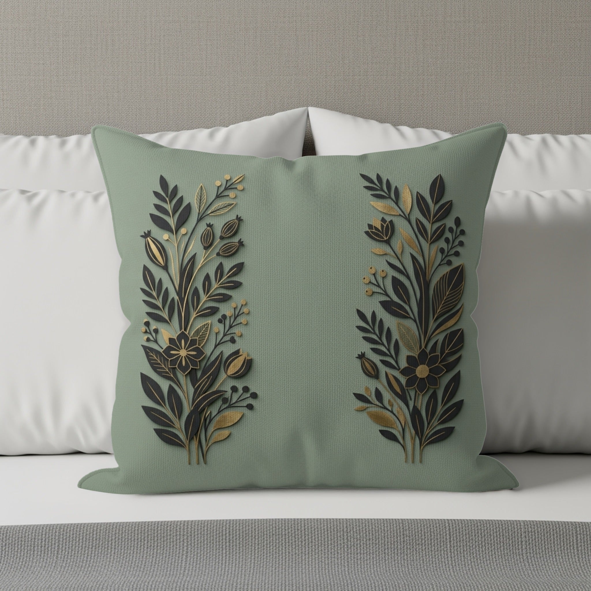 Sage green throw pillow with gold and black floral design on a bed.