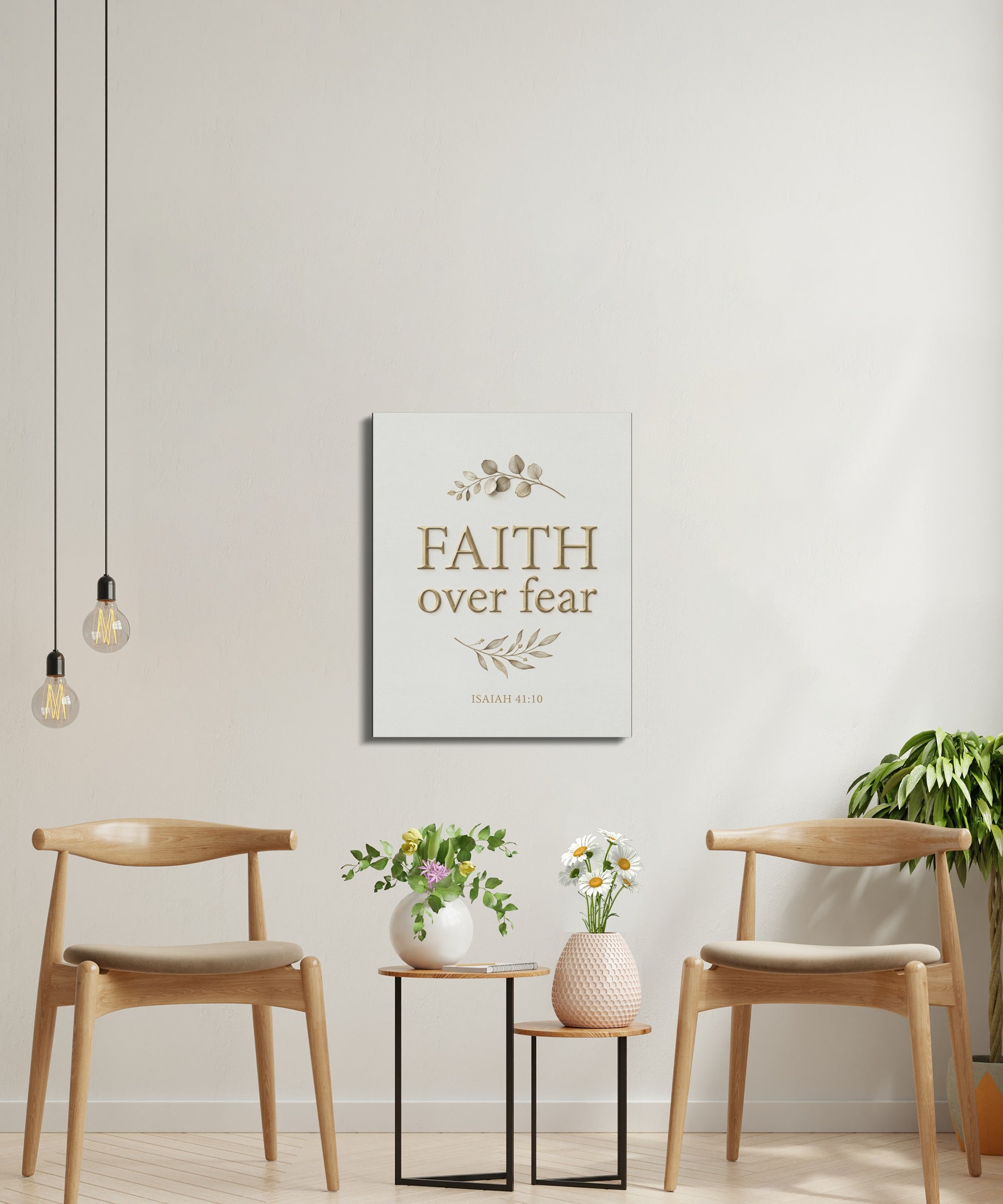 Canvas art with "FAITH OVER FEAR" and "ISAIAH 41:10" text.