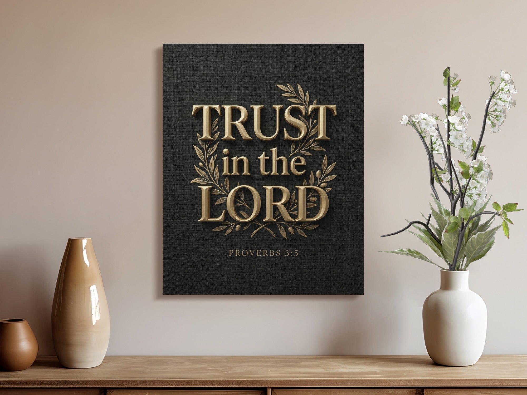 Gold text "TRUST IN THE LORD" on black canvas with branch and vase.