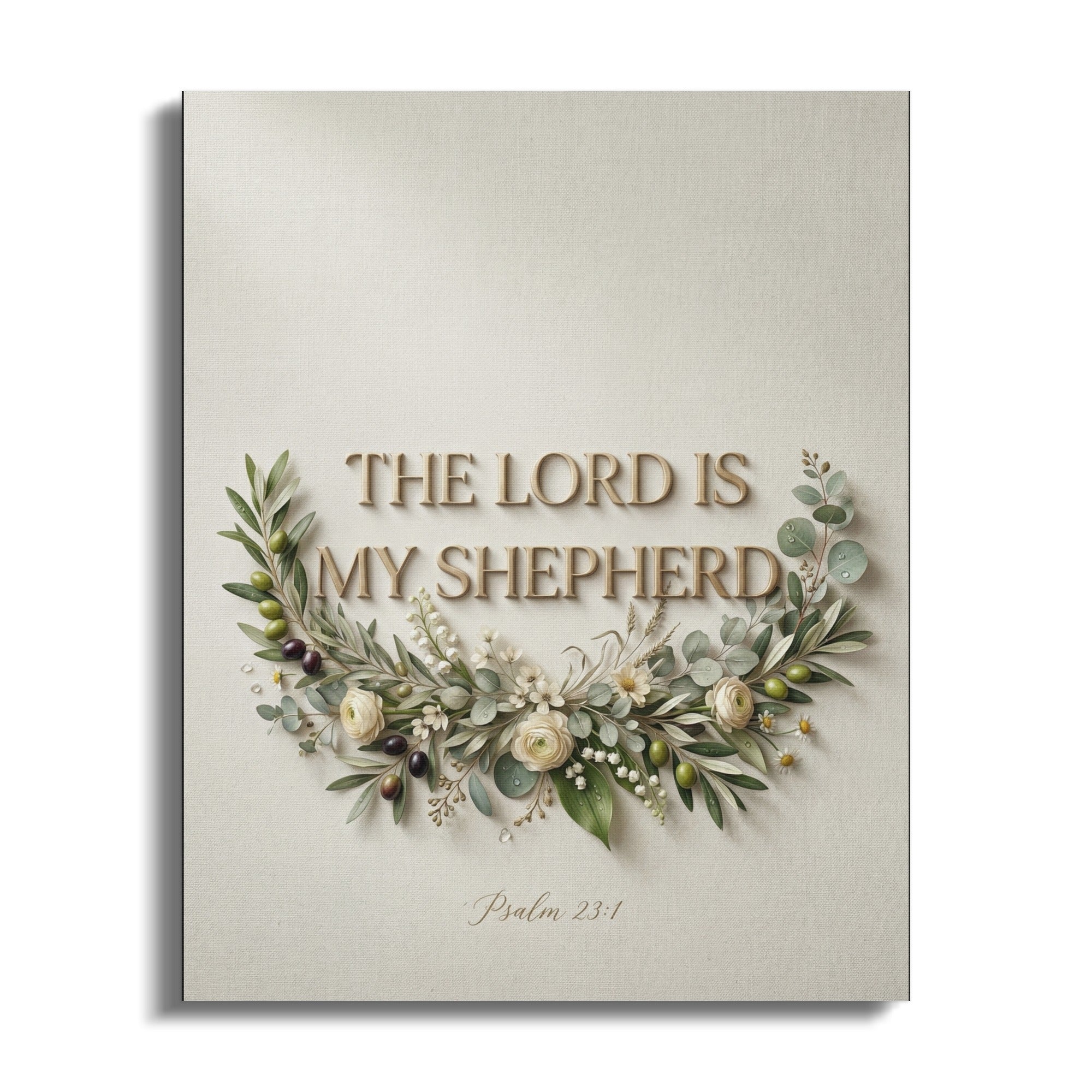 The Lord is my shepherd text with floral wreath, Psalm 23:1.