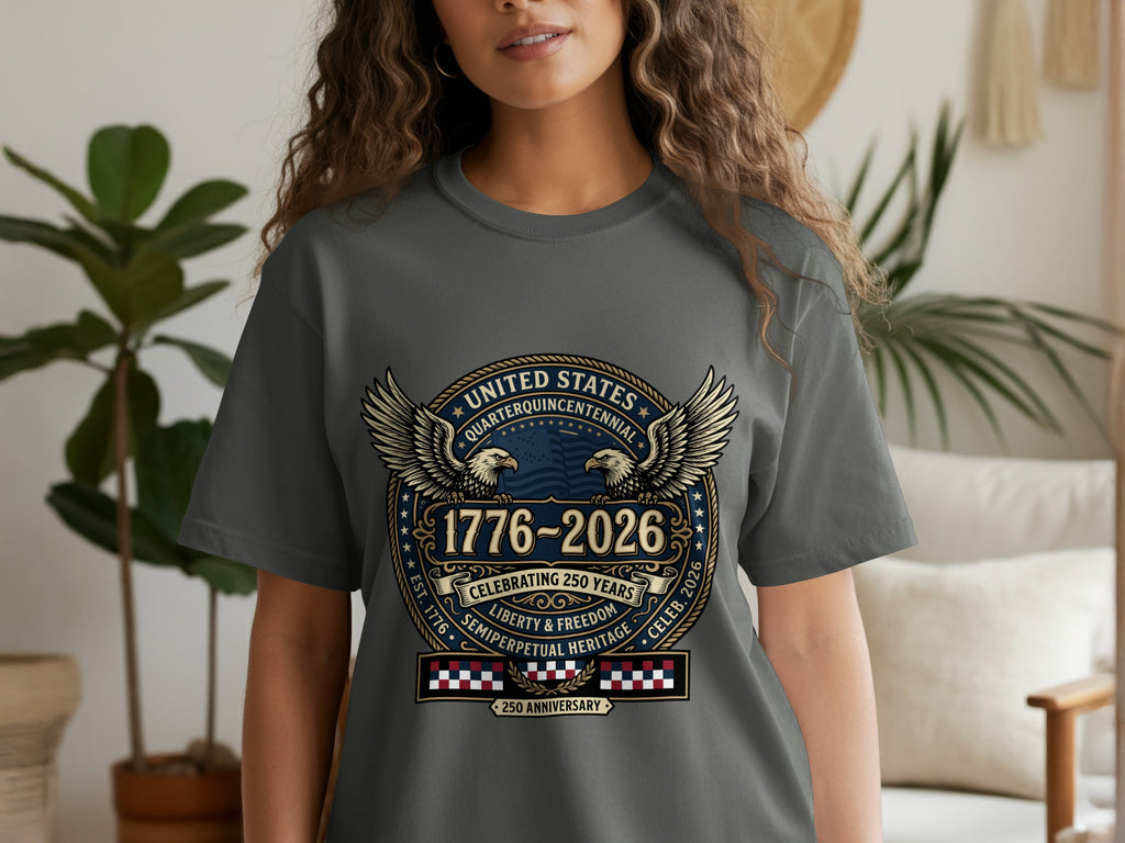 Gray t-shirt with United States Quarterquincentennial 1776-2026 design.