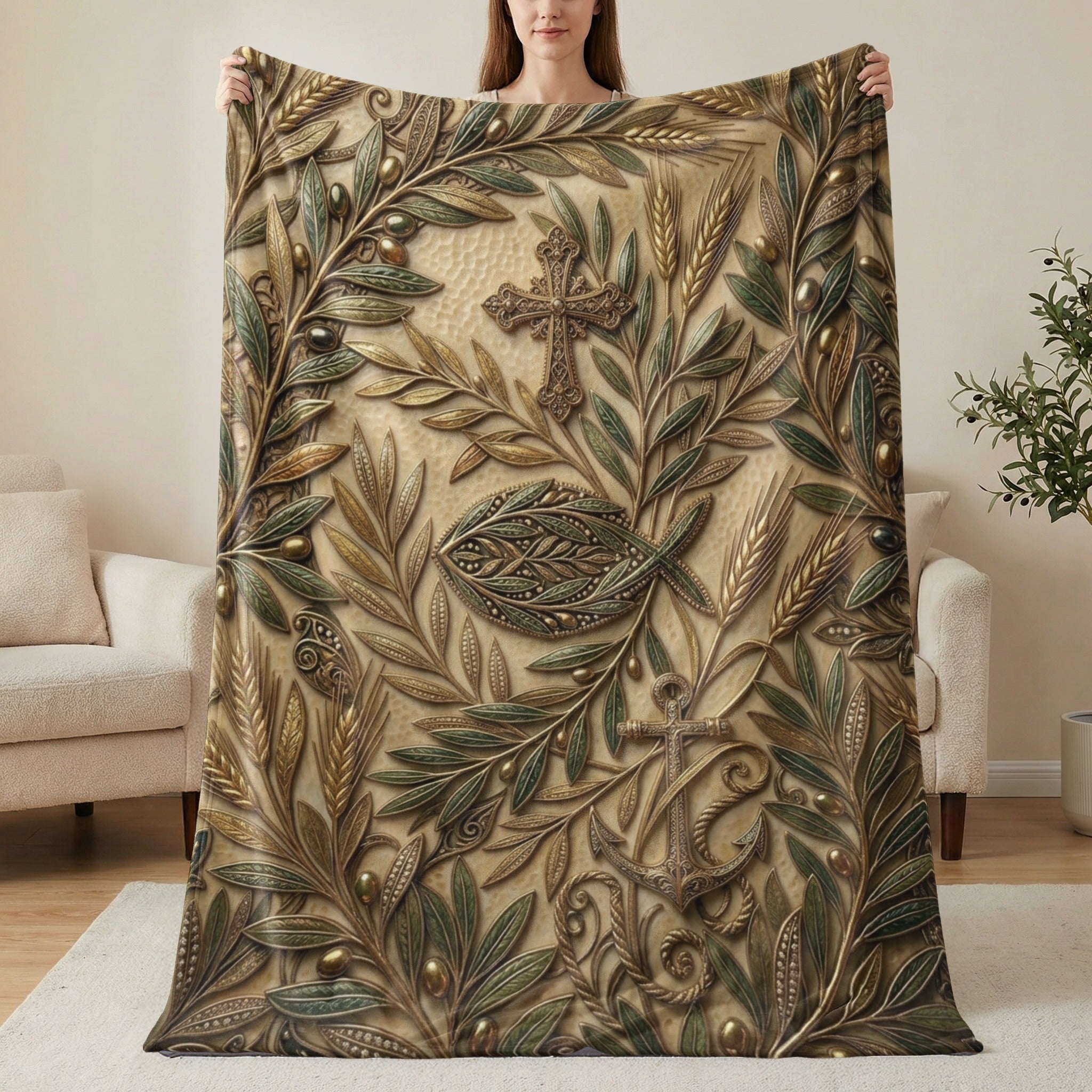 Religious motif blanket with olive branches, cross, fish, and anchor.