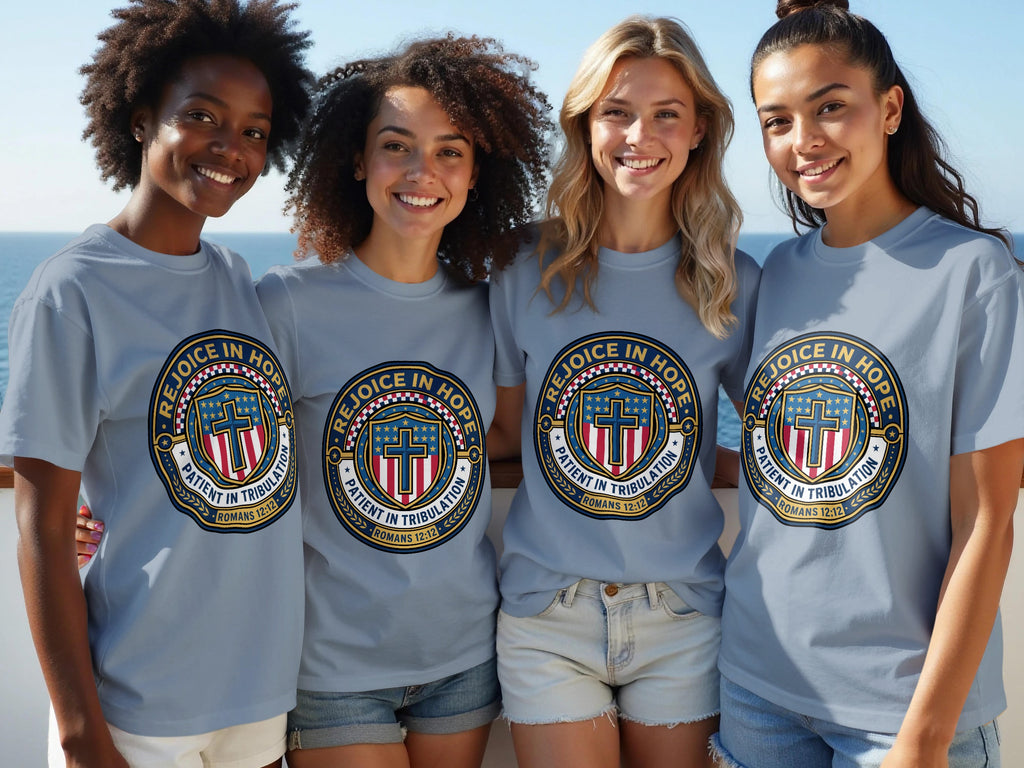 Four smiling young women wear gray t-shirts with "Rejoice in Hope" and Romans 12:12.
