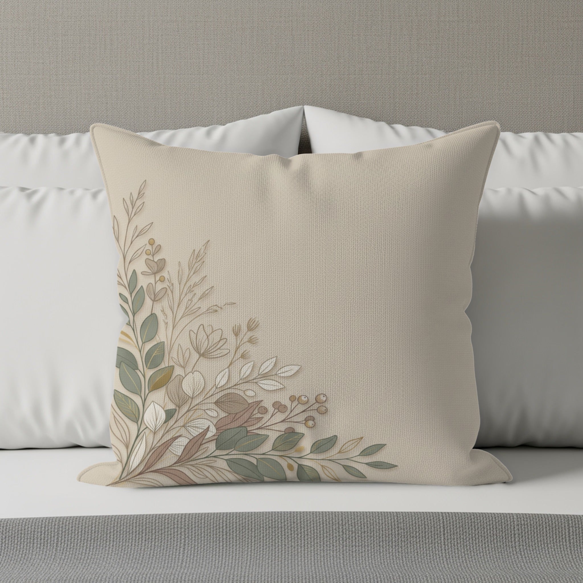 Beige throw pillow with a delicate floral botanical design in the corner.