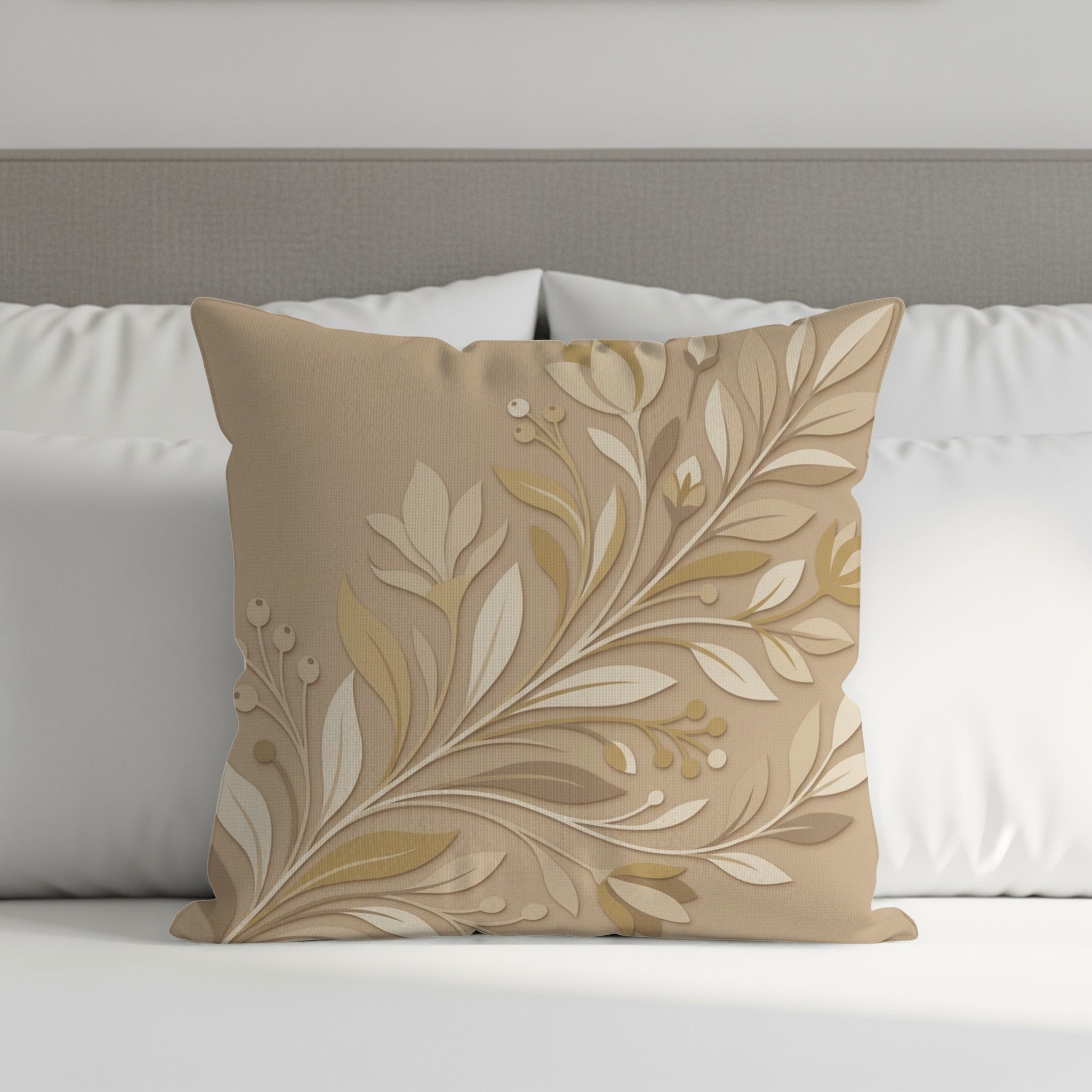 Beige throw pillow with embossed floral design on a bed.